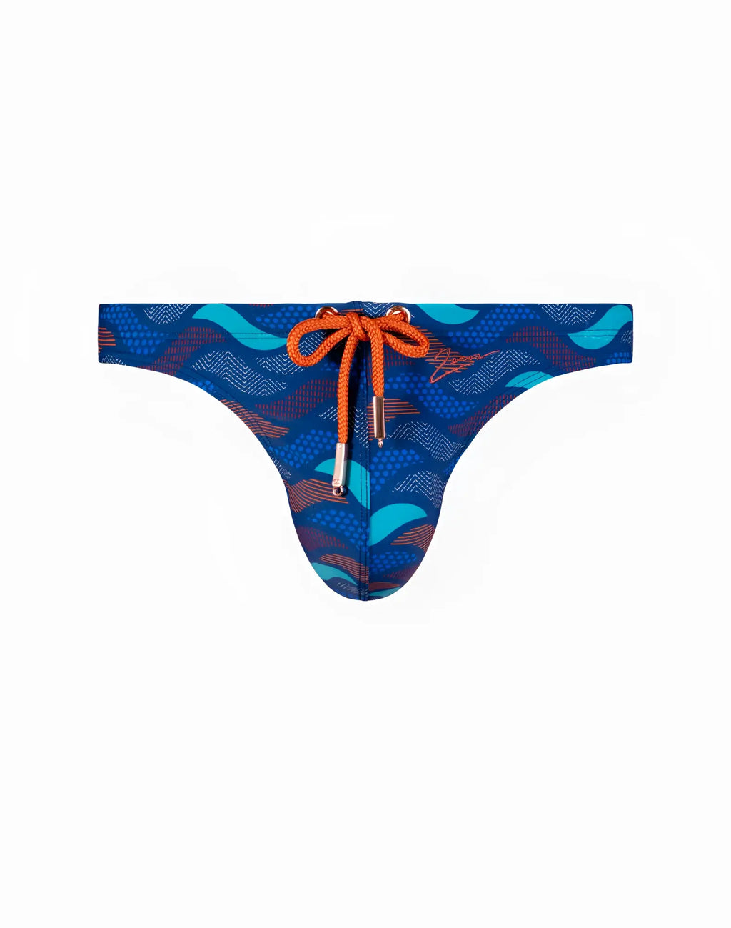 Blue 2EROS V80 print swim thong with teal and orange wave pattern and orange drawstring tied in a bow