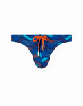 Blue 2EROS V80 print swim thong with teal and orange wave pattern and orange drawstring tied in a bow