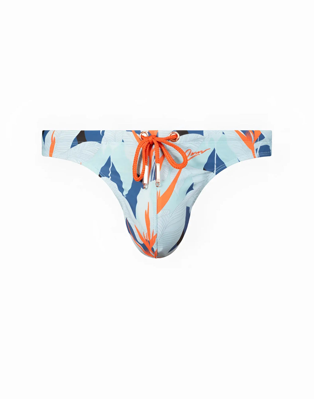 2erós V80 print thong in light blue and orange tropical leaf pattern with matching drawstring waistband