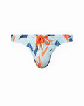 2erós V80 print thong in light blue and orange tropical leaf pattern with matching drawstring waistband