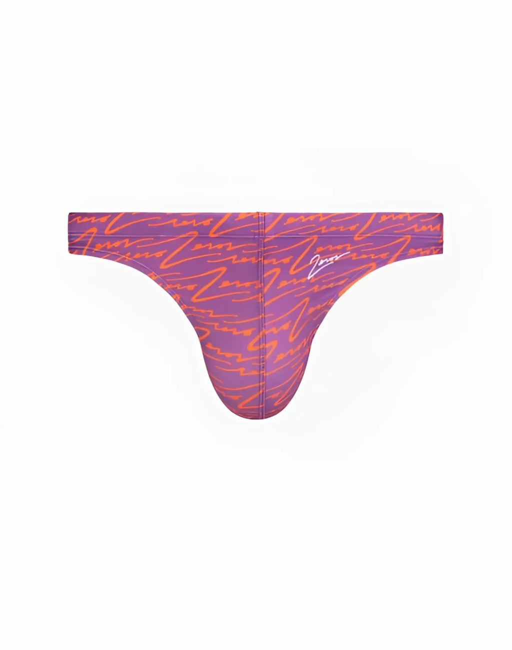 Purple and orange 2eros v80 printed swim thong with repeating cursive script pattern designed for swimwear use