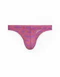 Purple and orange 2eros v80 printed swim thong with repeating cursive script pattern designed for swimwear use