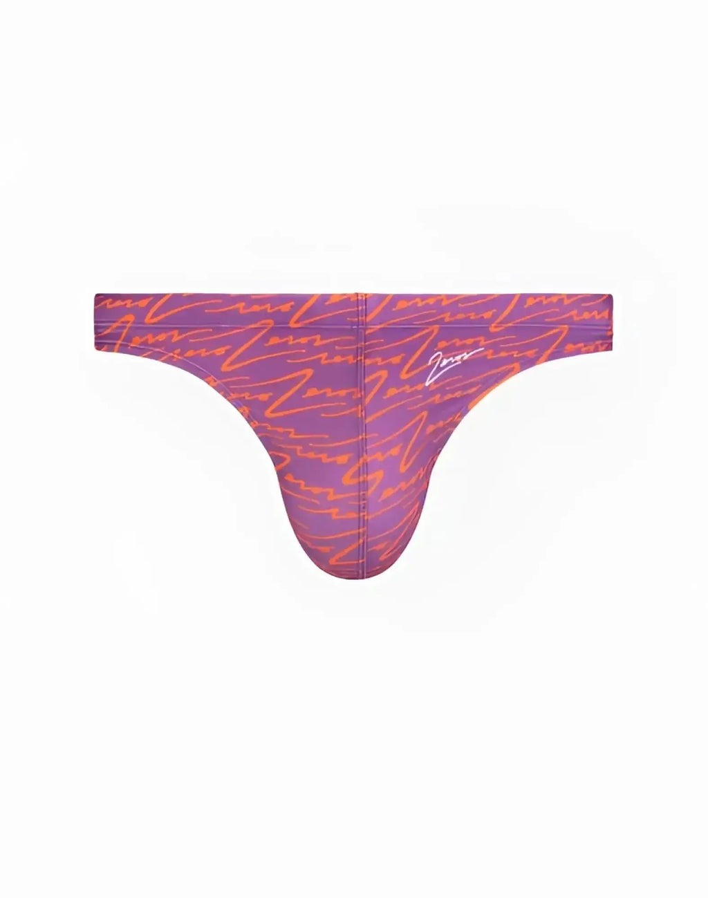 Purple and orange 2eros v80 printed swim thong with repeating cursive script pattern designed for swimwear use