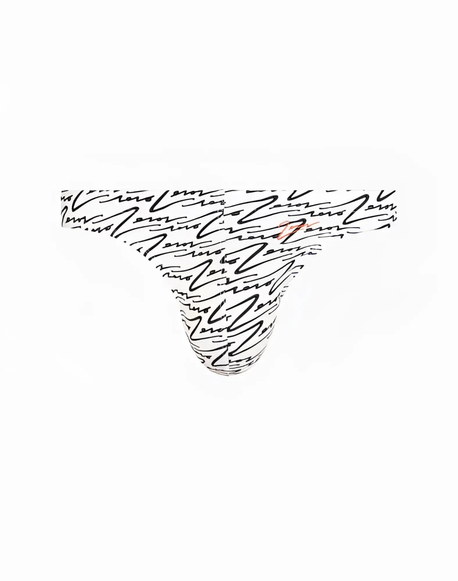 White bikini bottom with black cursive script pattern and red logo on side from 2EROS v80 printed swim thong signature white