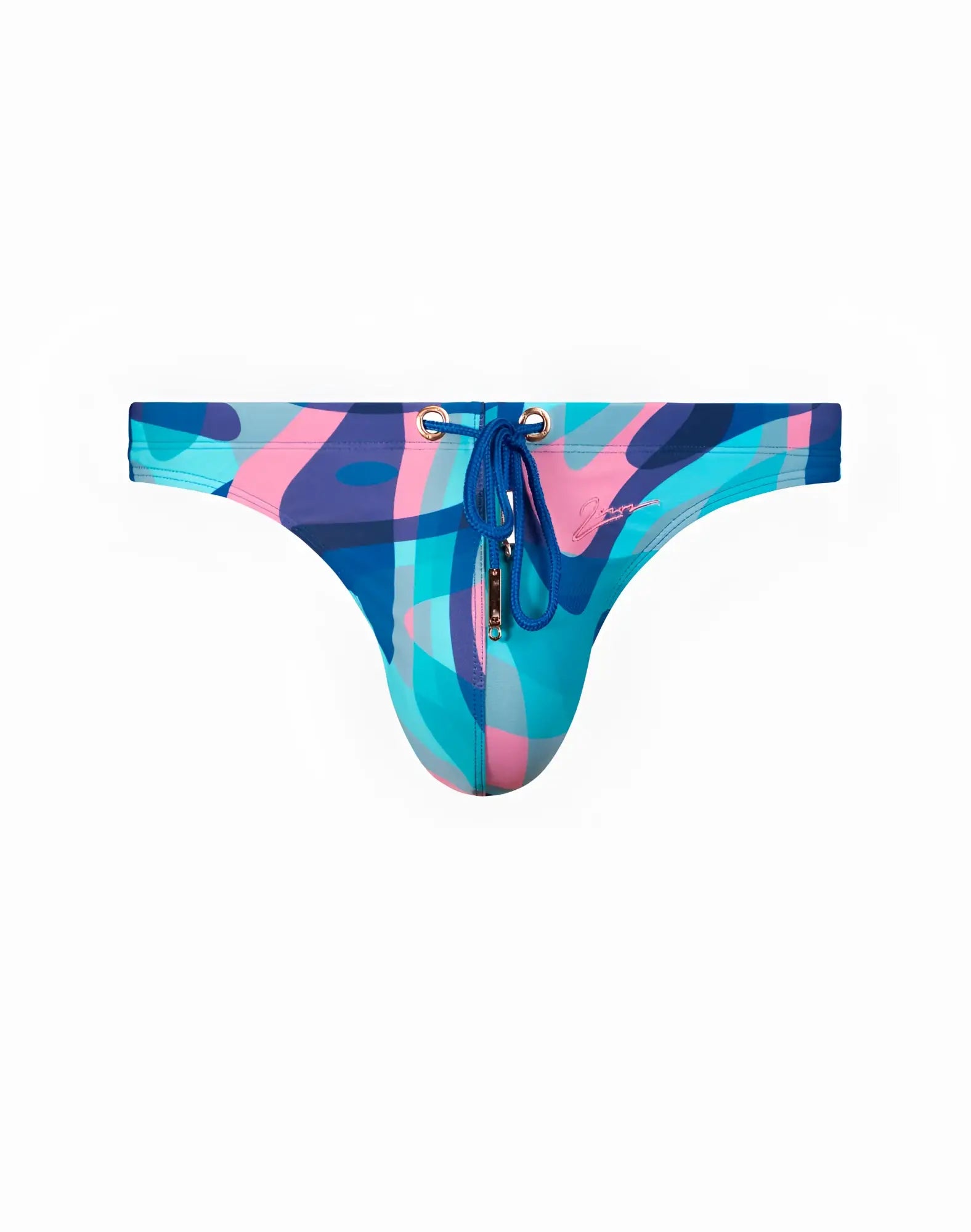 2EROS V80 swim thong in kai blue featuring vibrant blue and pink abstract pattern with central zipper closure