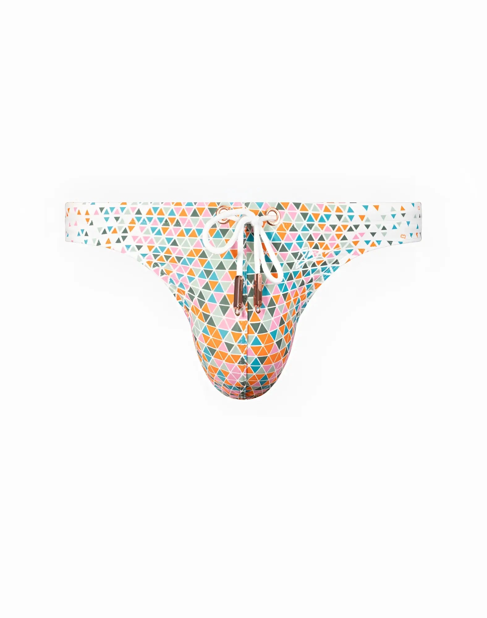 2eros v80 swim thong moana with vibrant pastel pink orange teal geometric pattern white drawstring and metallic hardware