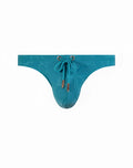 Teal textured swim thong with subtle pattern and adjustable drawstring tie by 2eros in ripple green