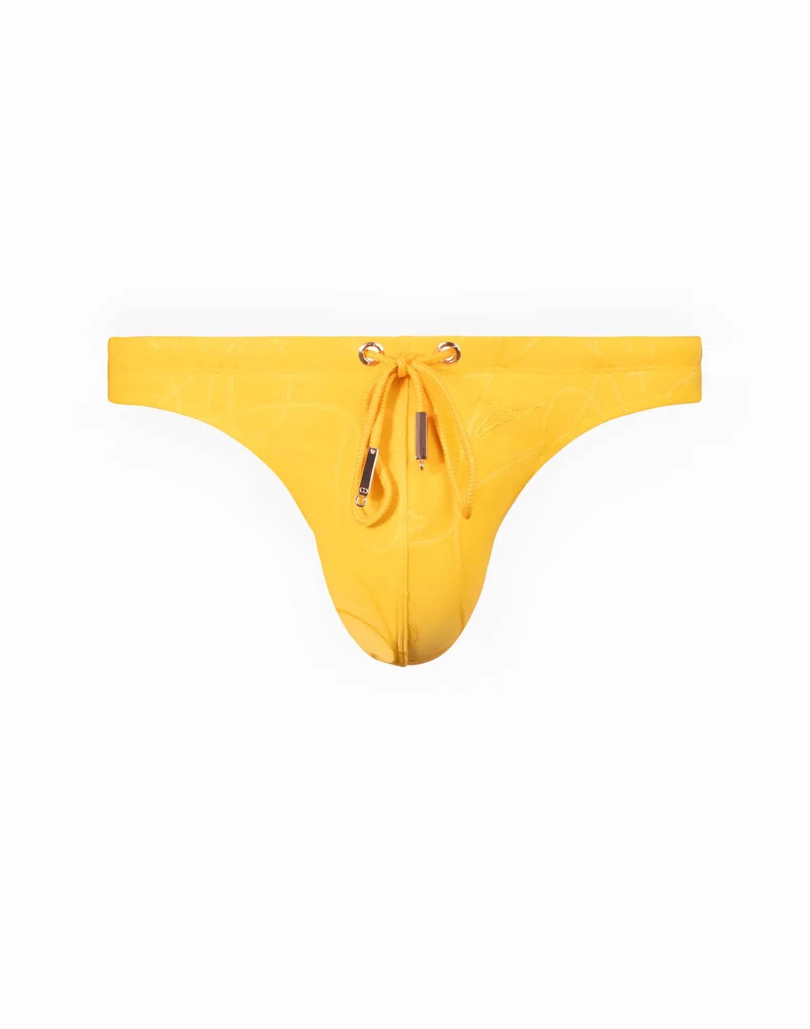 Bright yellow fabric swim thong with textured ripple design drawstring closure and metallic hardware by 2eros