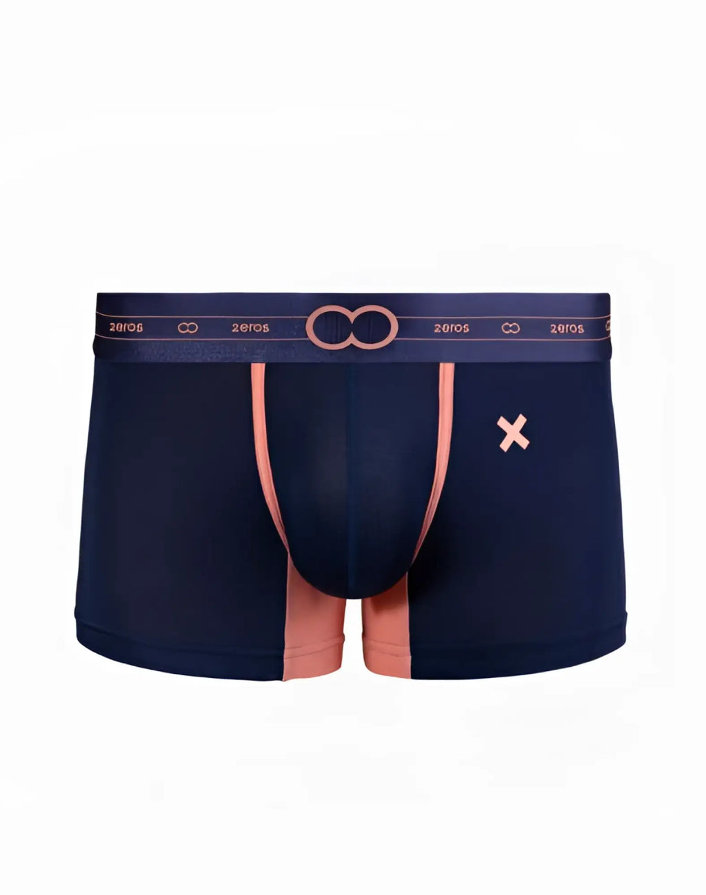 Navy blue 2EROS X-Series trunk underwear with peach trim and waistband featuring zeros brand logo in midnight color