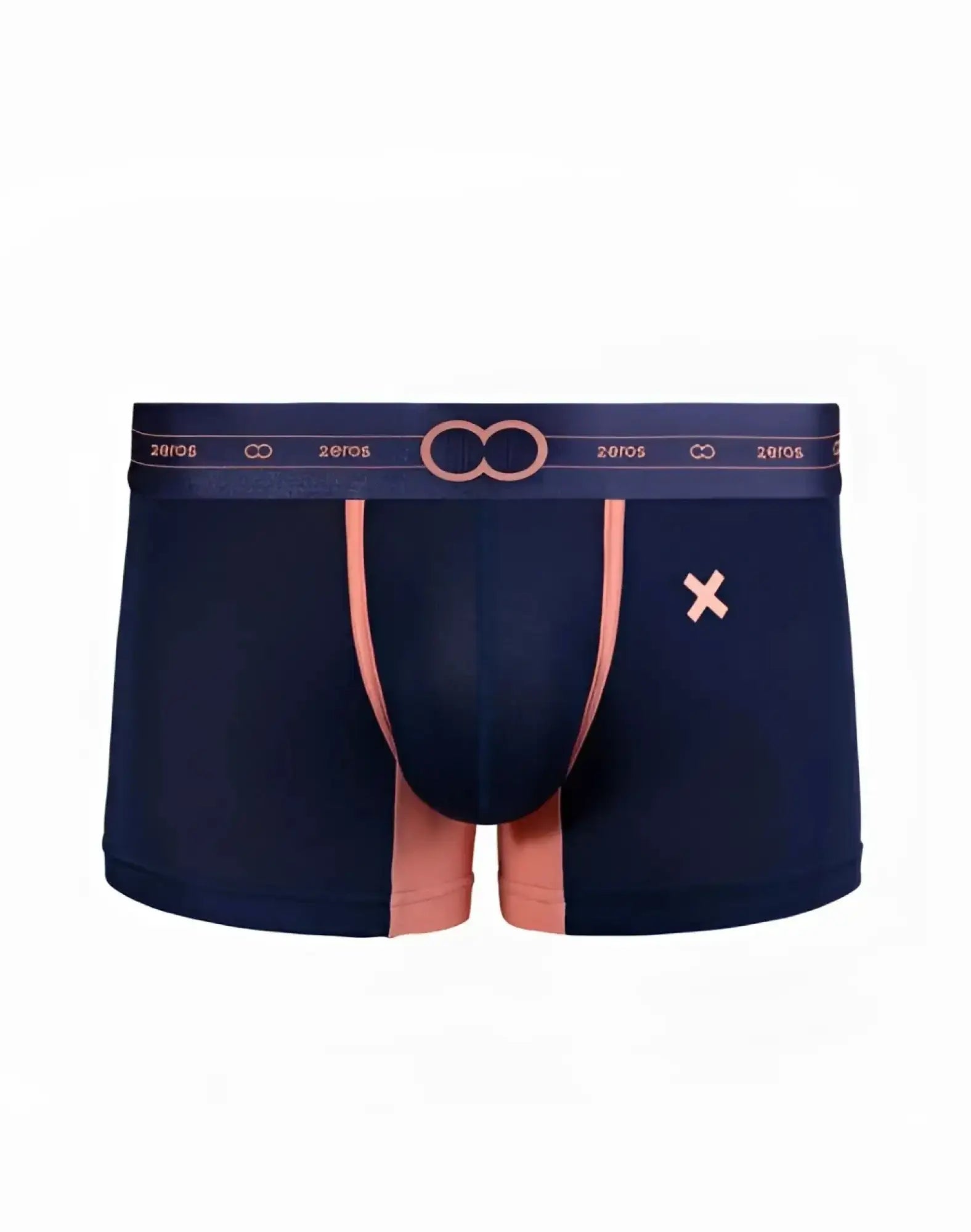 Navy blue 2EROS X-Series trunk underwear with peach trim and waistband featuring zeros brand logo in midnight color