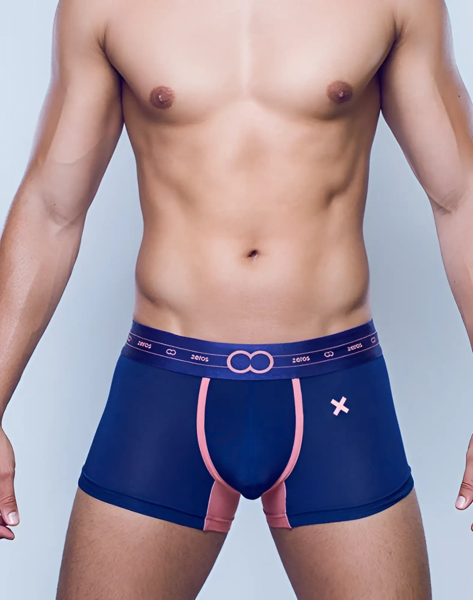 Navy blue 2EROS X-Series trunk underwear with pink trim and white x logo on left leg featuring elastic waistband