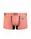 Coral pink 2eros x-series trunk underwear with navy blue side panels and zeros logo waistband in rose gold color