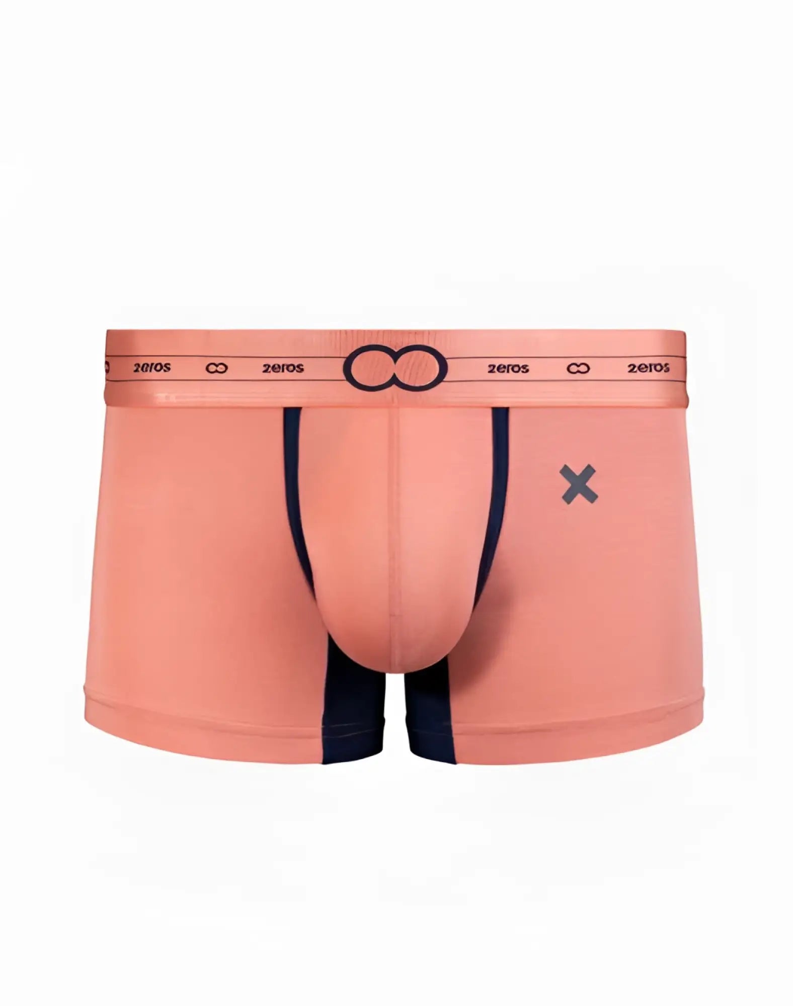 Coral pink 2eros x-series trunk underwear with navy blue side panels and zeros logo waistband in rose gold color