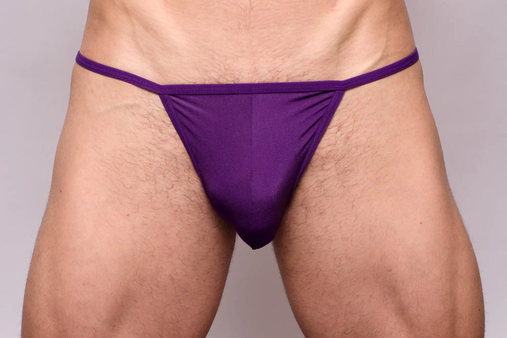 Purple thong made of smooth stretchy fabric with narrow waistband shown from the back in 3-pack pride metro string bikini