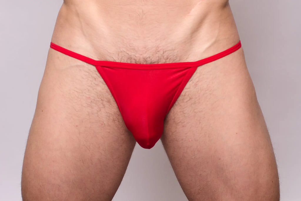 Red thong made of smooth stretchy fabric with a simple design shown from the back in 3-pack pride metro string bikini