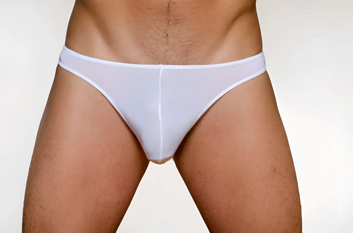 White sheer mesh briefs from the 3 pack pride metro thong collection showing the back side of the product