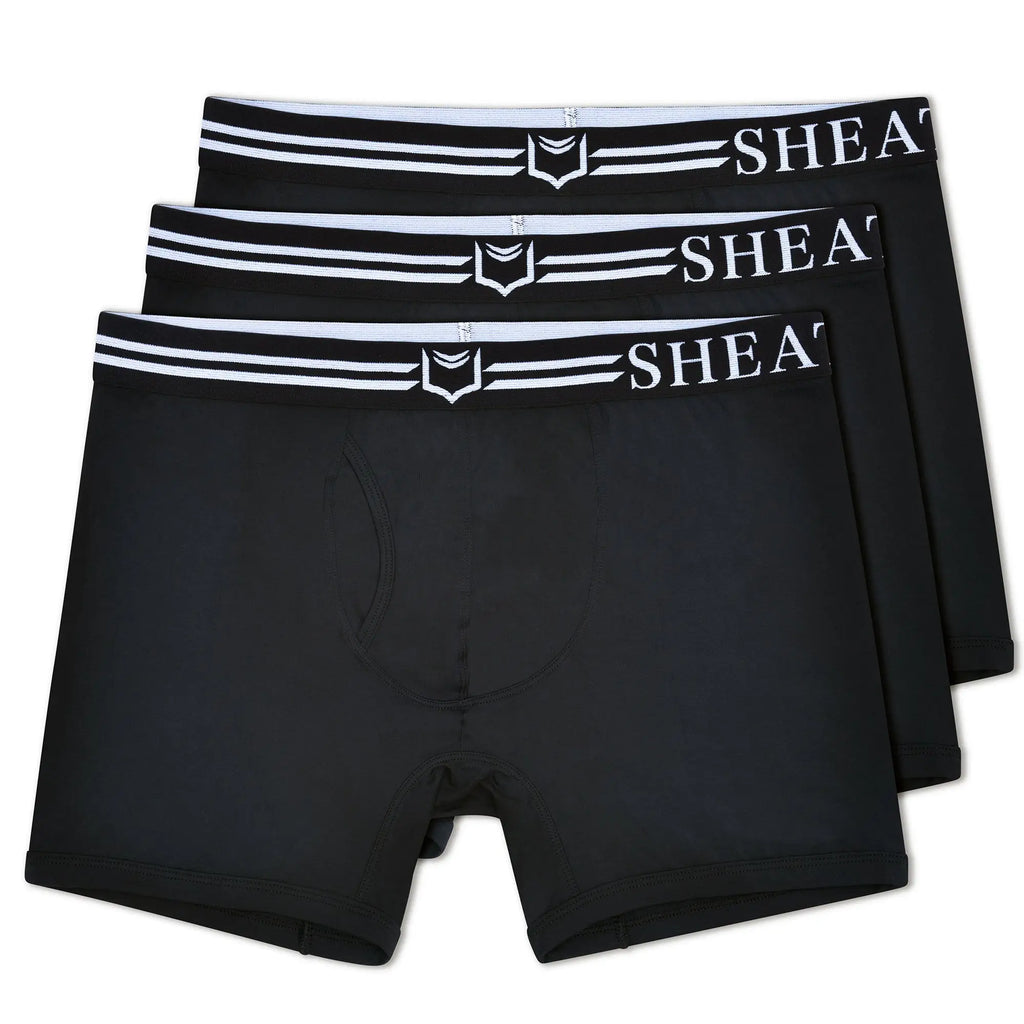 Black menâ€™s boxer briefs with white elastic waistband sheath brand name and shield logo in a 3-pack bundle