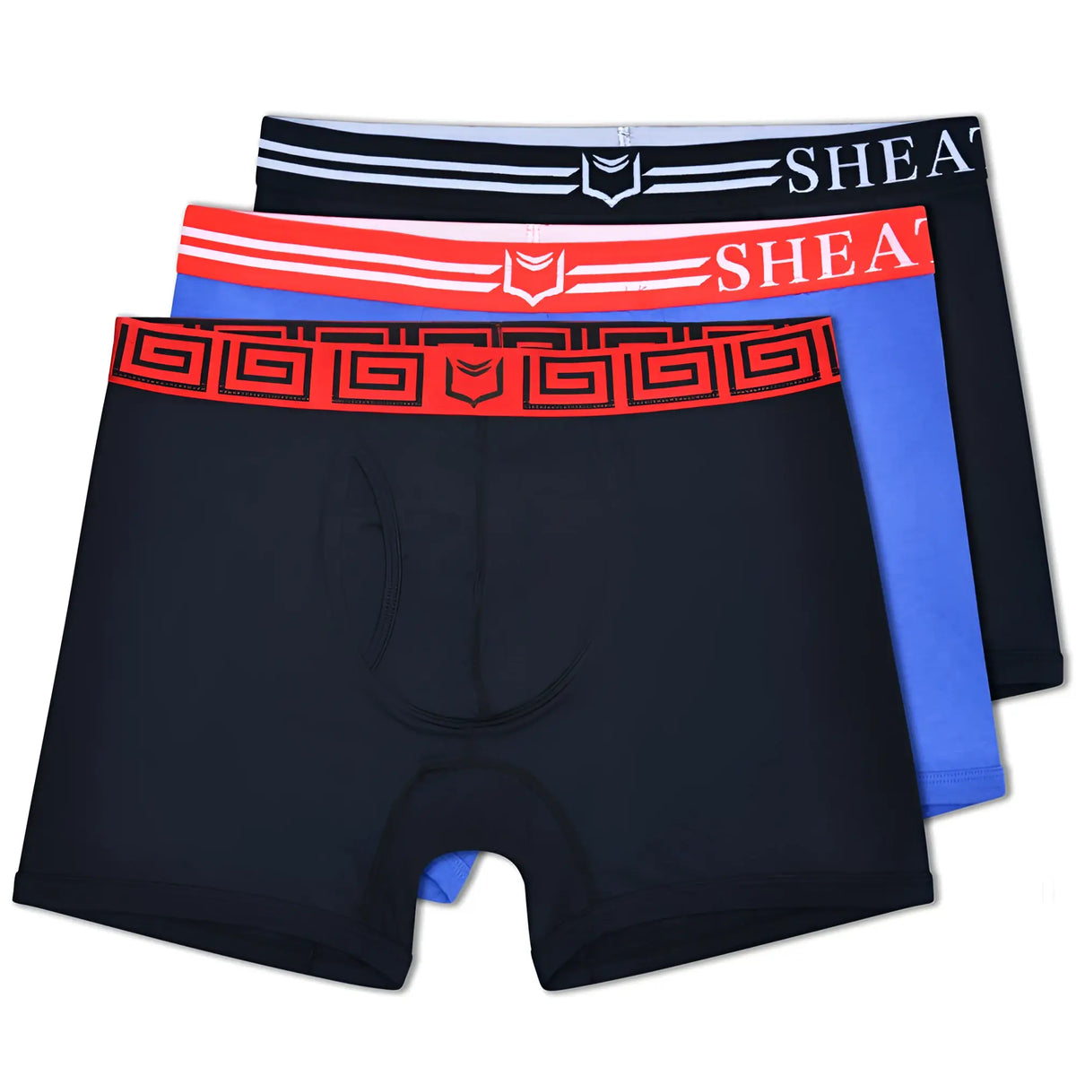 Set of three sheath 4.0 dual pouch boxer briefs in black blue and red with patterned elastic waistbands