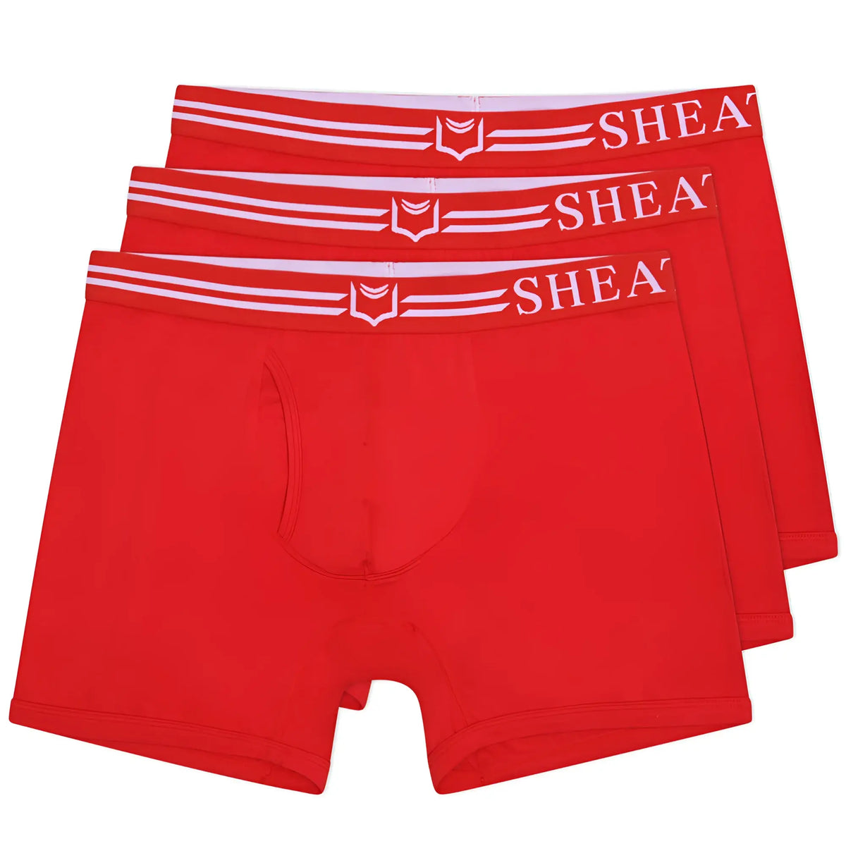 Red menâ€™s dual pouch boxer briefs with white elastic waistband featuring shea brand name and logo from sheath 4.0 bundle