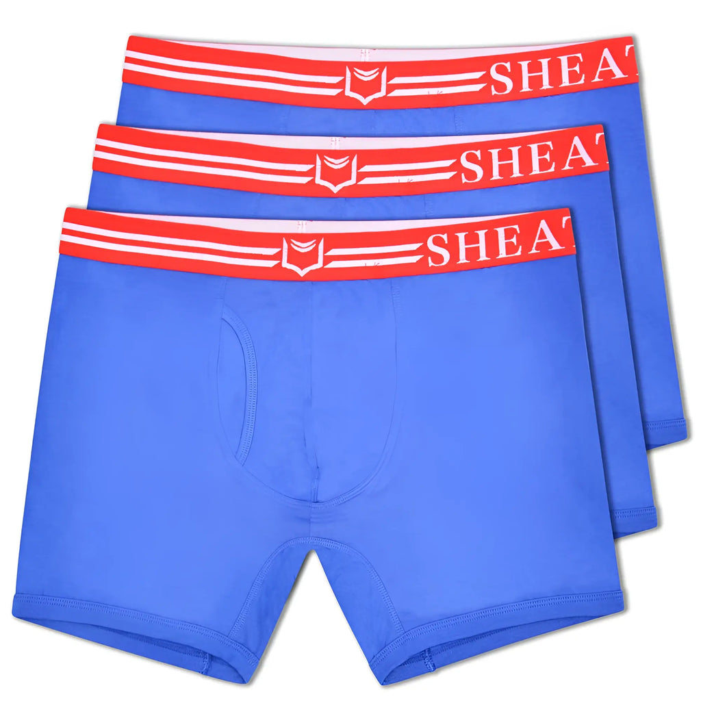 Blue sheath 4.0 boxer briefs with red and white elastic waistband featuring sheath logo in a 3-pack bundle