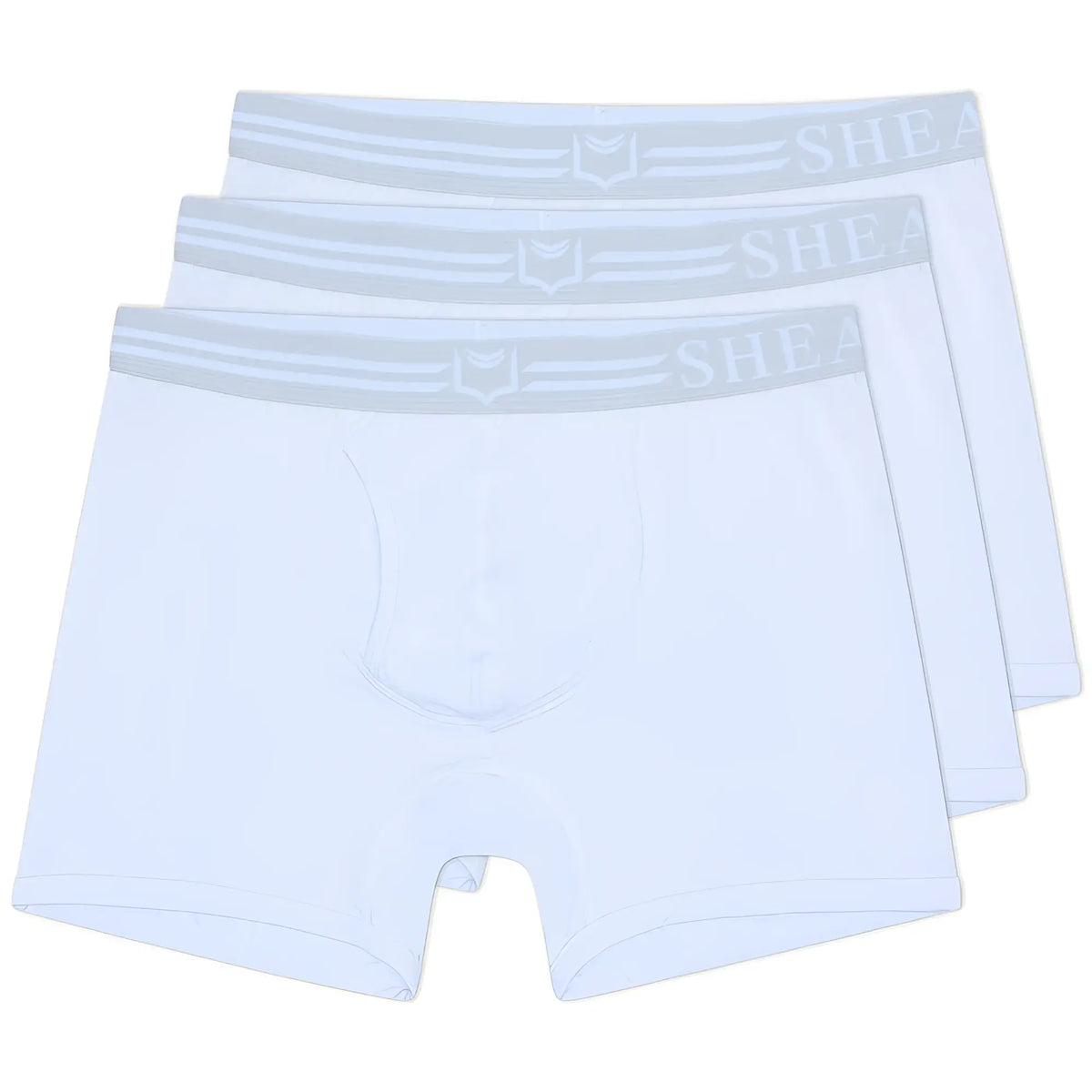 White menâ€™s briefs with light gray elastic waistband featuring shea brand name in sheath 4.0 dual pouch boxer briefs 3-pack