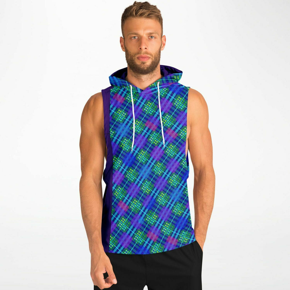 Maris Equi Blue Tartan Men's Drop Armhole Cotton Blend Hoodie
