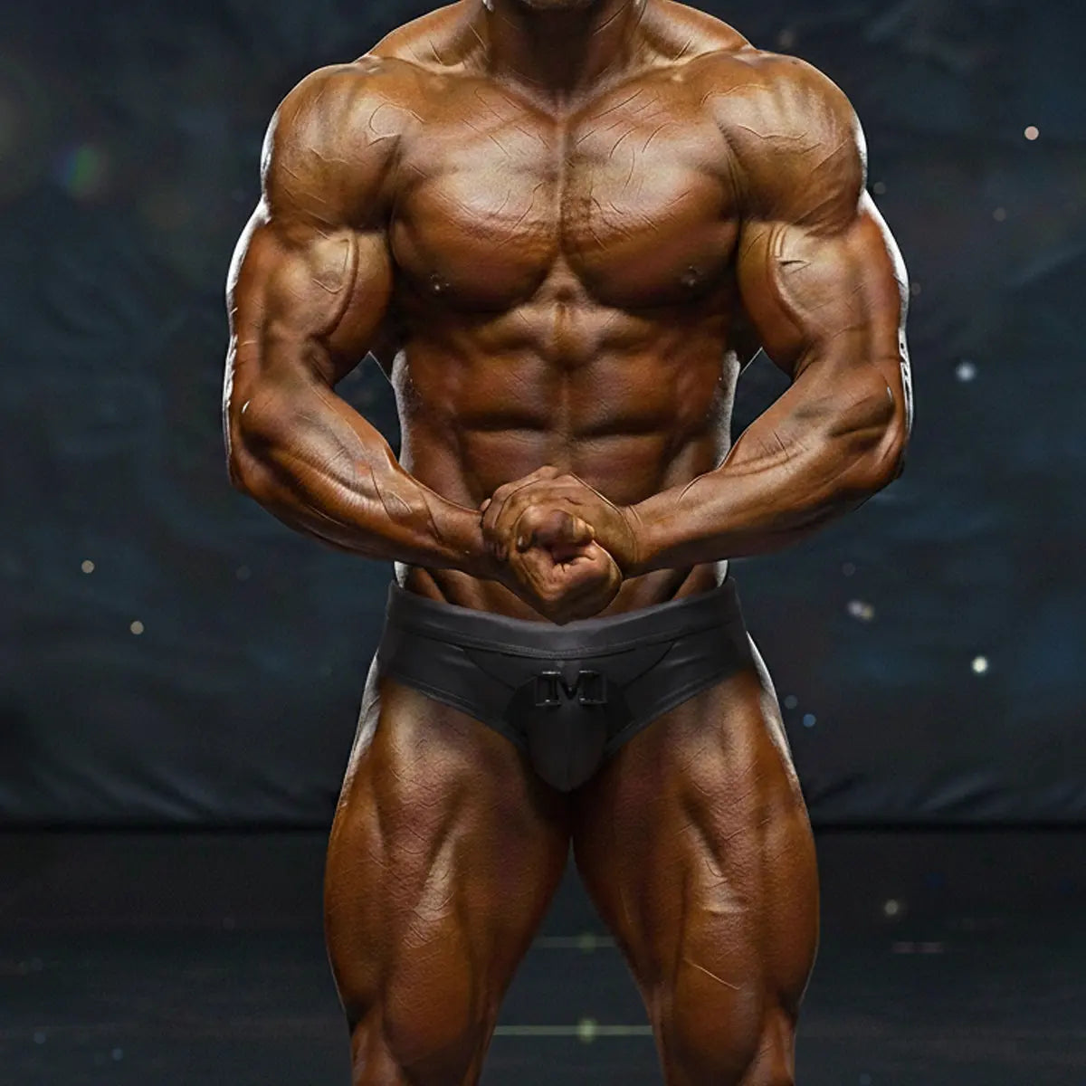 Muscular figure wearing black briefs against a dark background.