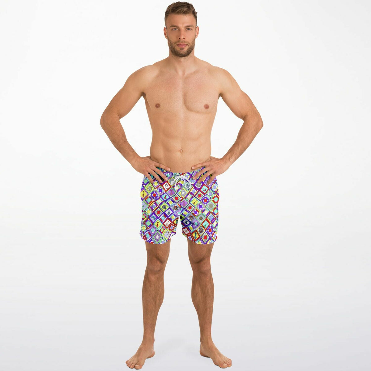 Maris Equi Retro Mod Geometric Diamond Print Swim Trunks for Men