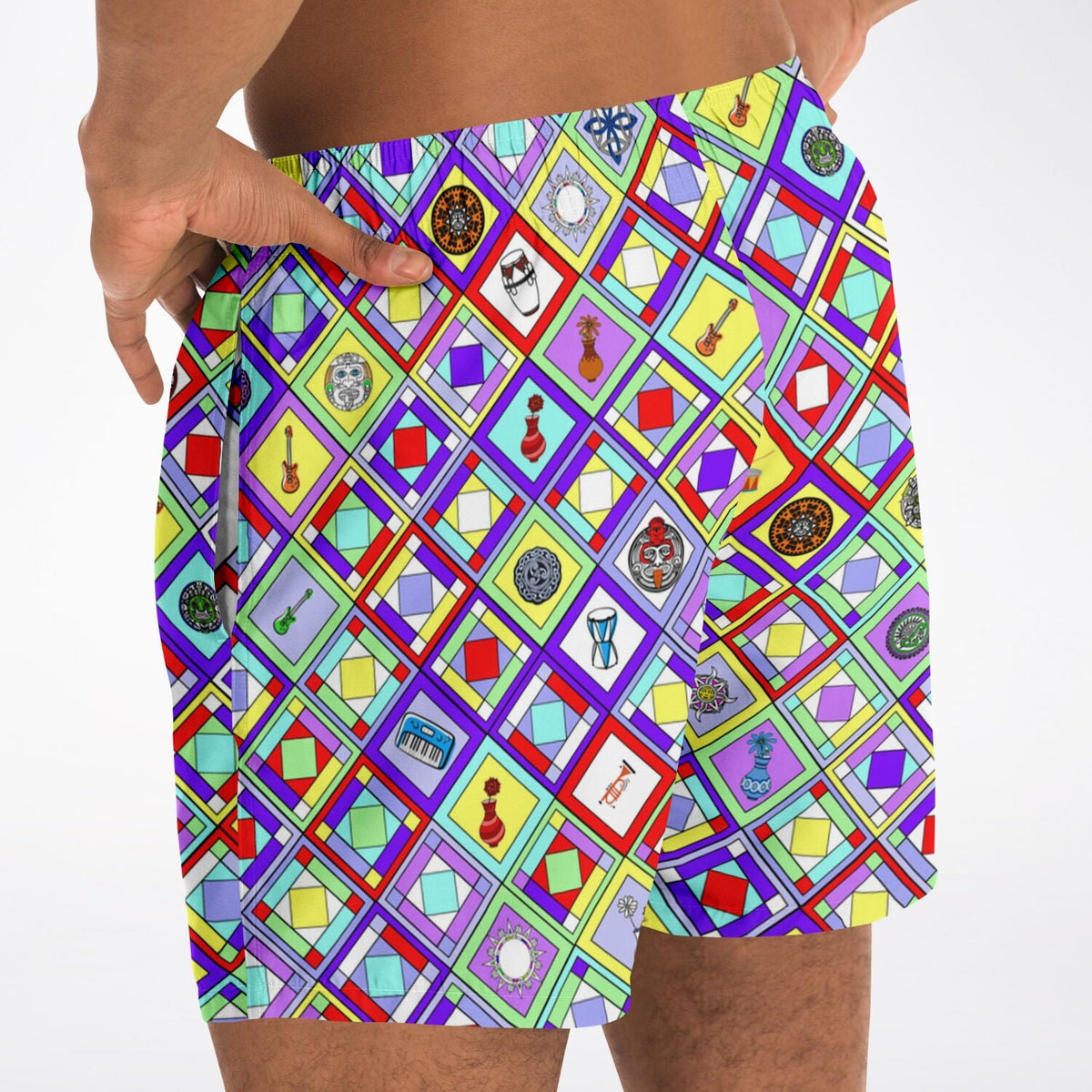 Maris Equi 1960's Style Colorful Diamond Print Retro Men's Swim Shorts Trunks