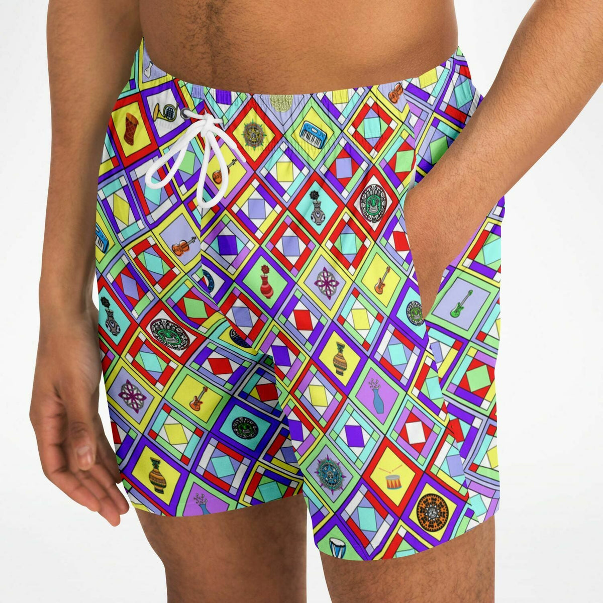Maris Equi 1960's Style Colorful Diamond Print Retro Men's Swim Shorts Trunks