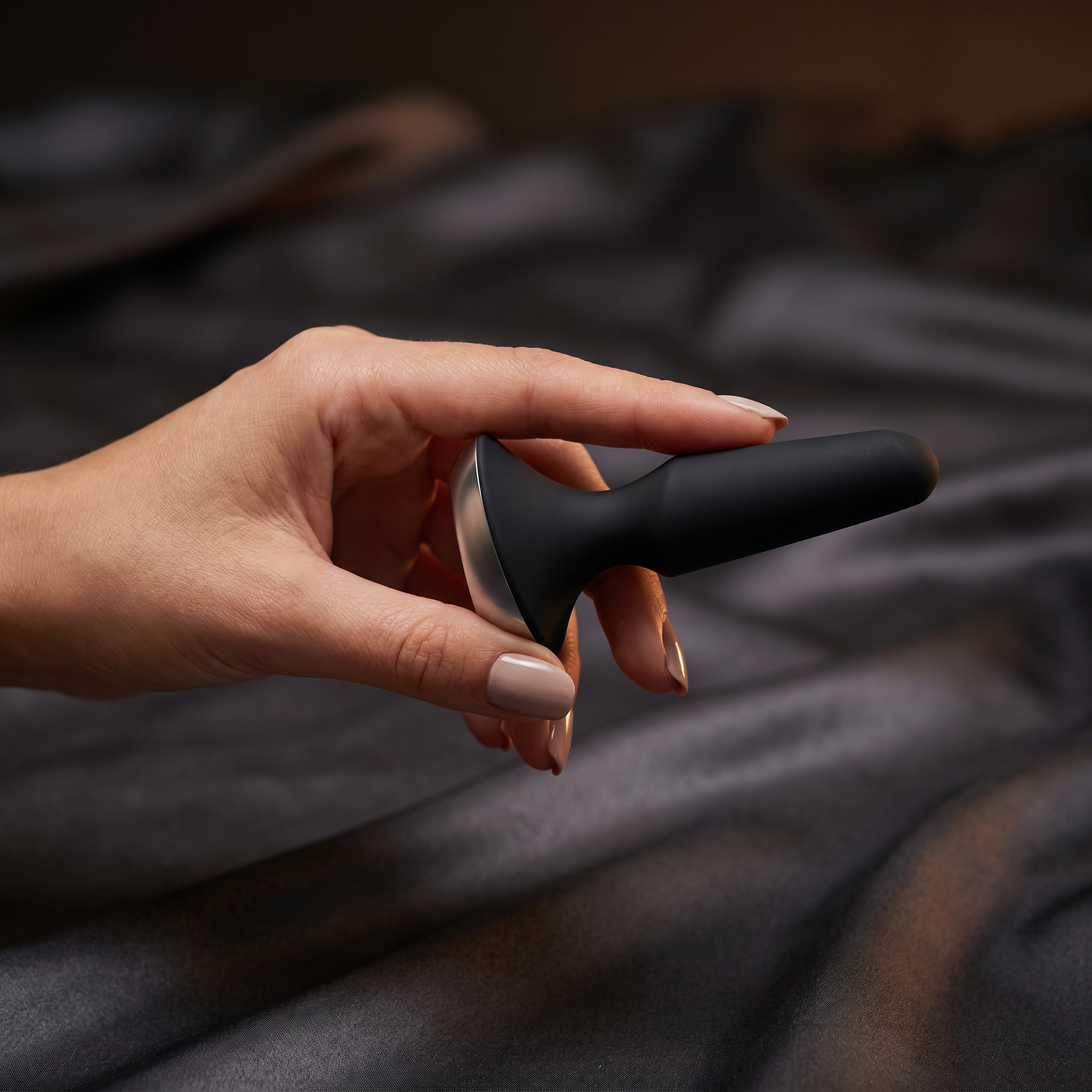 A woman's hand holds a matte black silicone anal plug against soft dark satin — lifestyle image for the Anal collection
