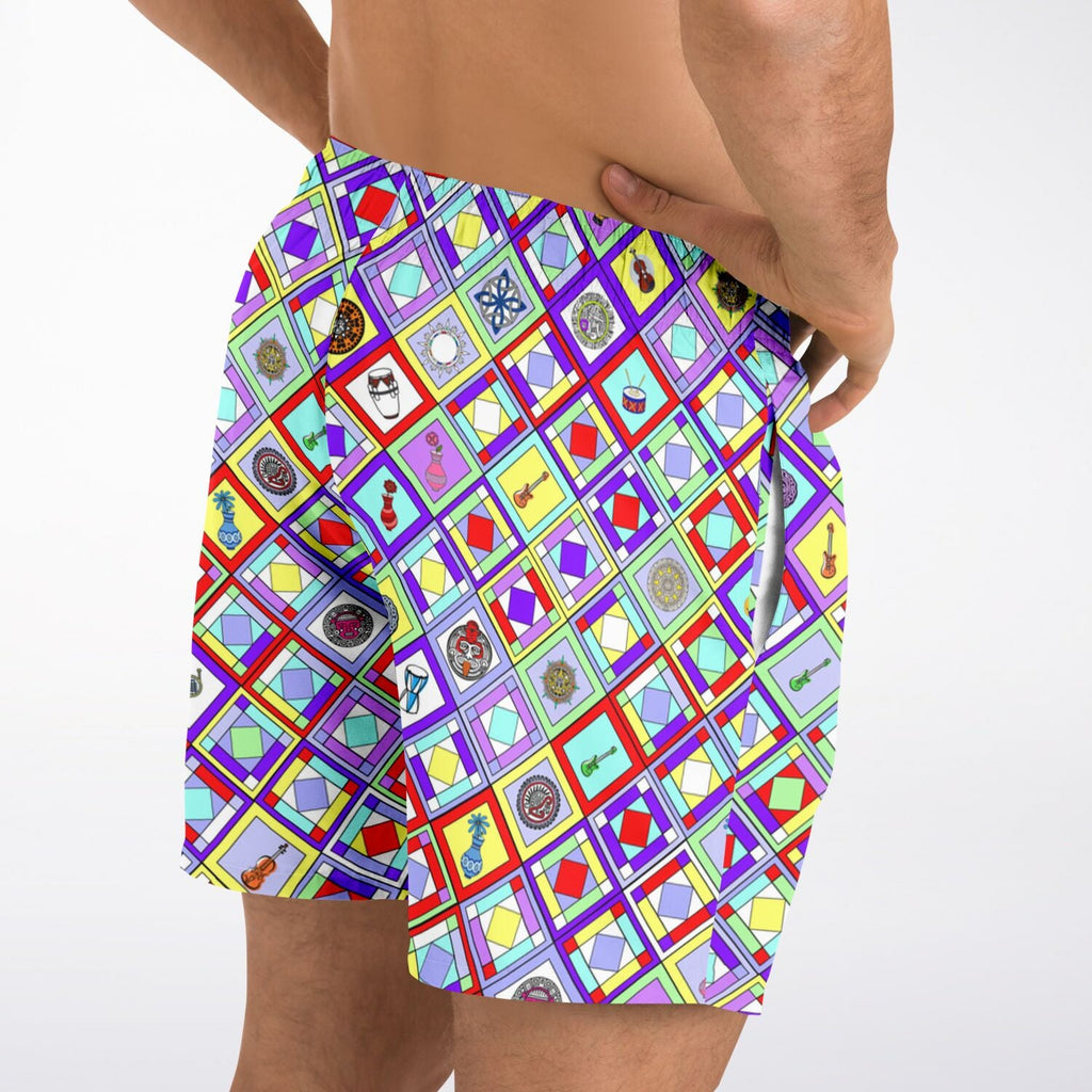 Maris Equi Retro Mod Geometric Diamond Print Swim Trunks for Men
