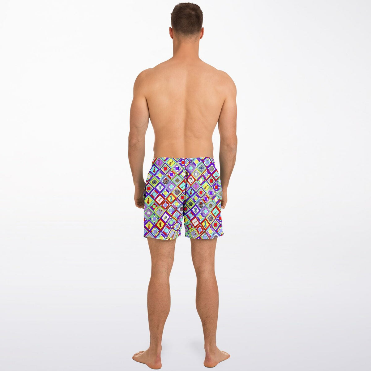 Maris Equi Retro Mod Geometric Diamond Print Swim Trunks for Men