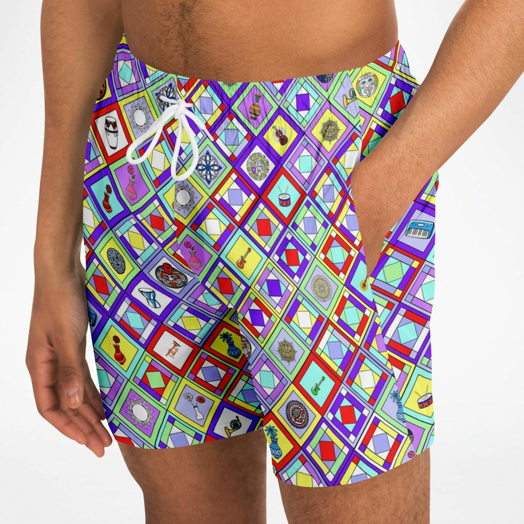 Maris Equi Retro Mod Geometric Diamond Print Swim Trunks for Men