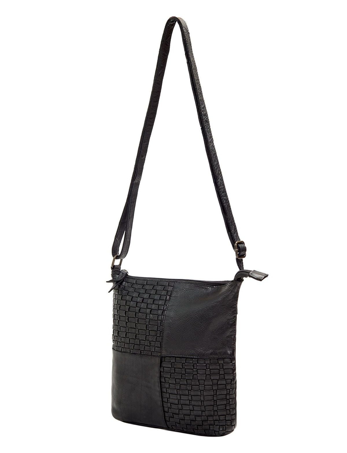 KALGOORLIE WOVEN PANELLED LEATHER XBODY BAG- A-0001-BLACK- NEW IN