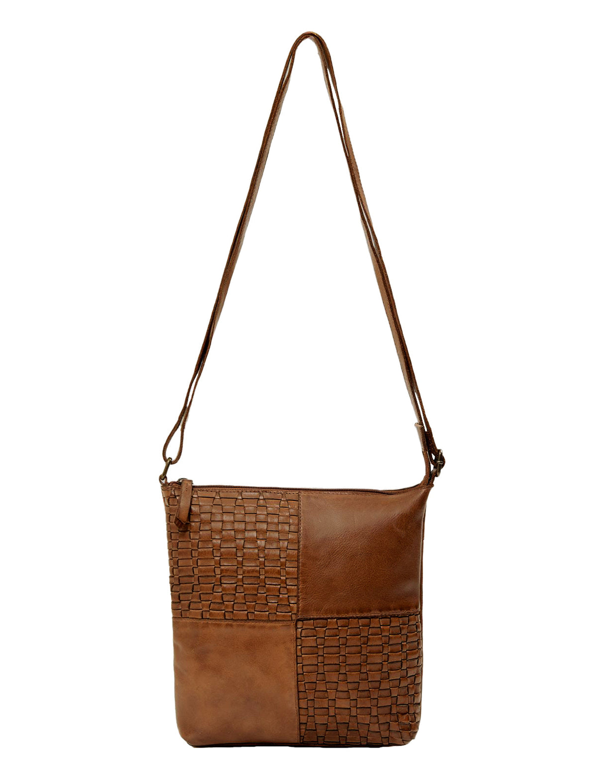 KALGOORLIE WOVEN PANELLED LEATHER XBODY BAG- A-0001-COGNAC- NEW IN