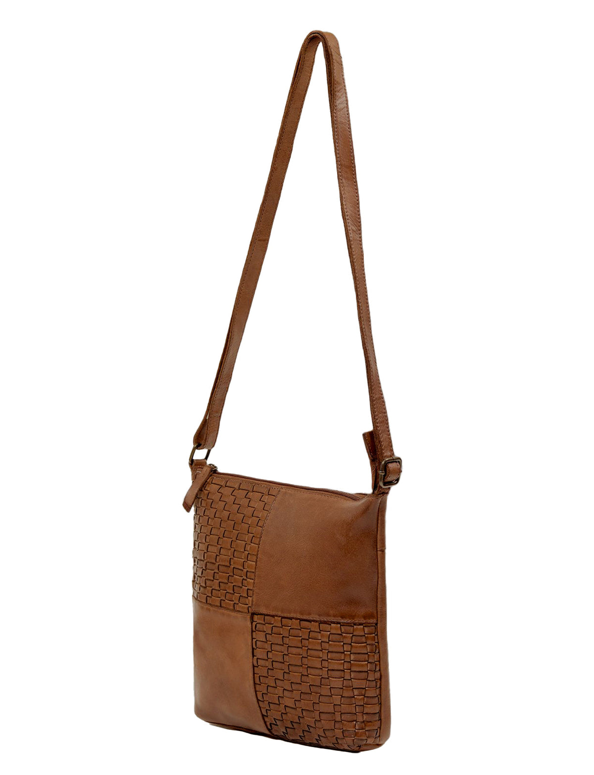 KALGOORLIE WOVEN PANELLED LEATHER XBODY BAG- A-0001-COGNAC- NEW IN