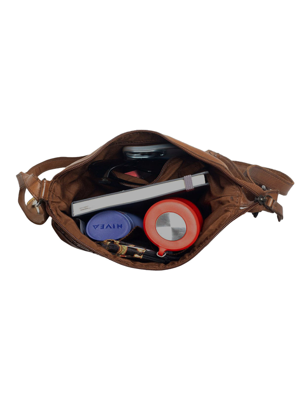 KALGOORLIE WOVEN PANELLED LEATHER XBODY BAG- A-0001-COGNAC- NEW IN