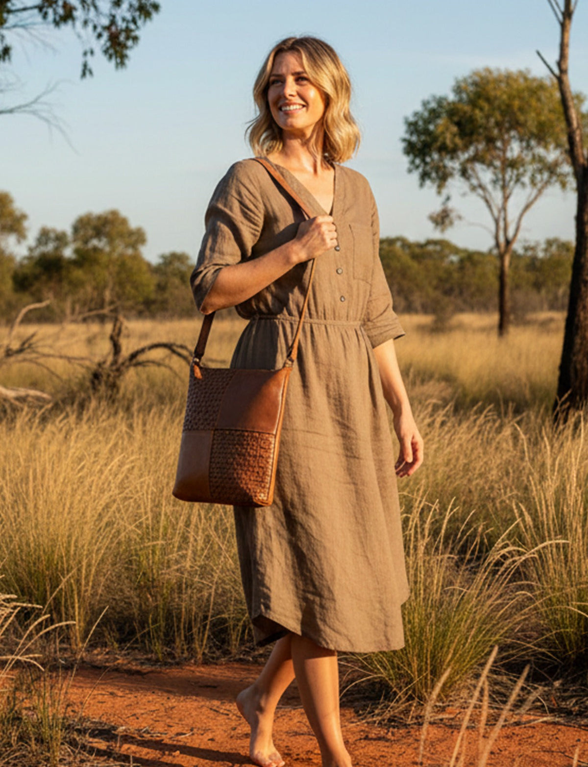 KALGOORLIE WOVEN PANELLED LEATHER XBODY BAG- A-0001-COGNAC- NEW IN