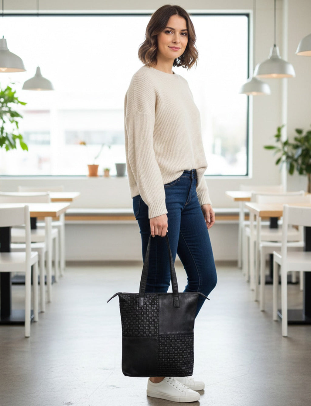 LONGREACH PANELLED LEATHER  TOTE BAG- A-0002-BLACK- NEW IN