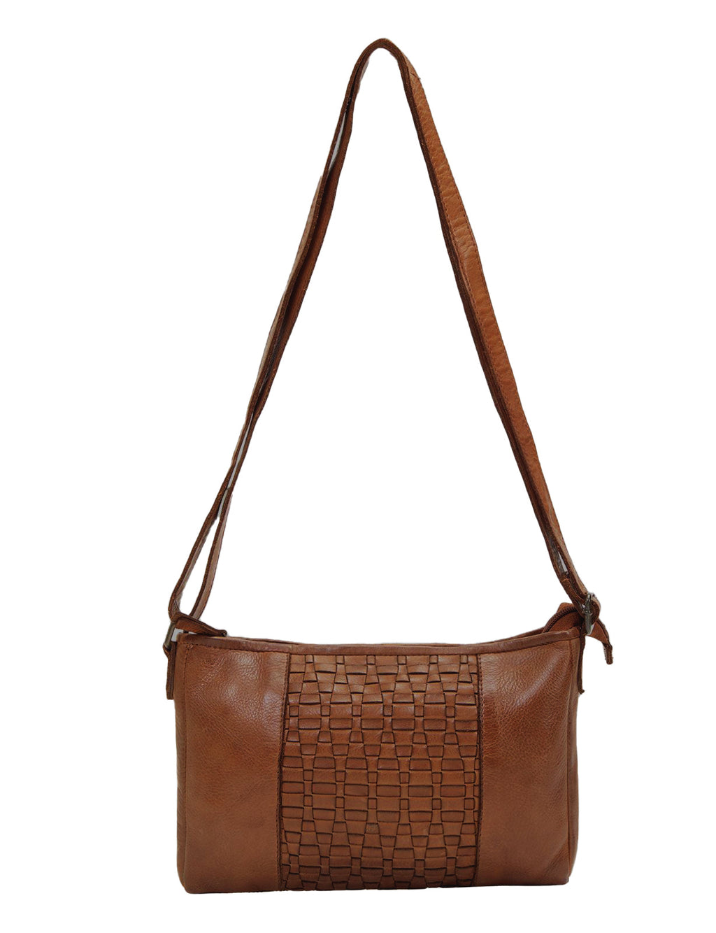 JINDABYNE SML WOVEN PANELLED LEATHER XBODY BAG- A-0003-COGNAC- NEW IN