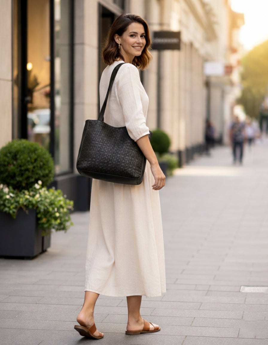 COOKTOWN WOVEN LEATHER TOTE BAG- A-0013-BLK- NEW IN