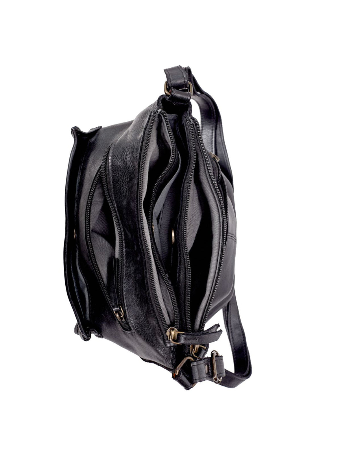 TAMBORINE MULTICOMPARTMENT LEATHER XBODY BAG- A-0020-BLK- NEW IN