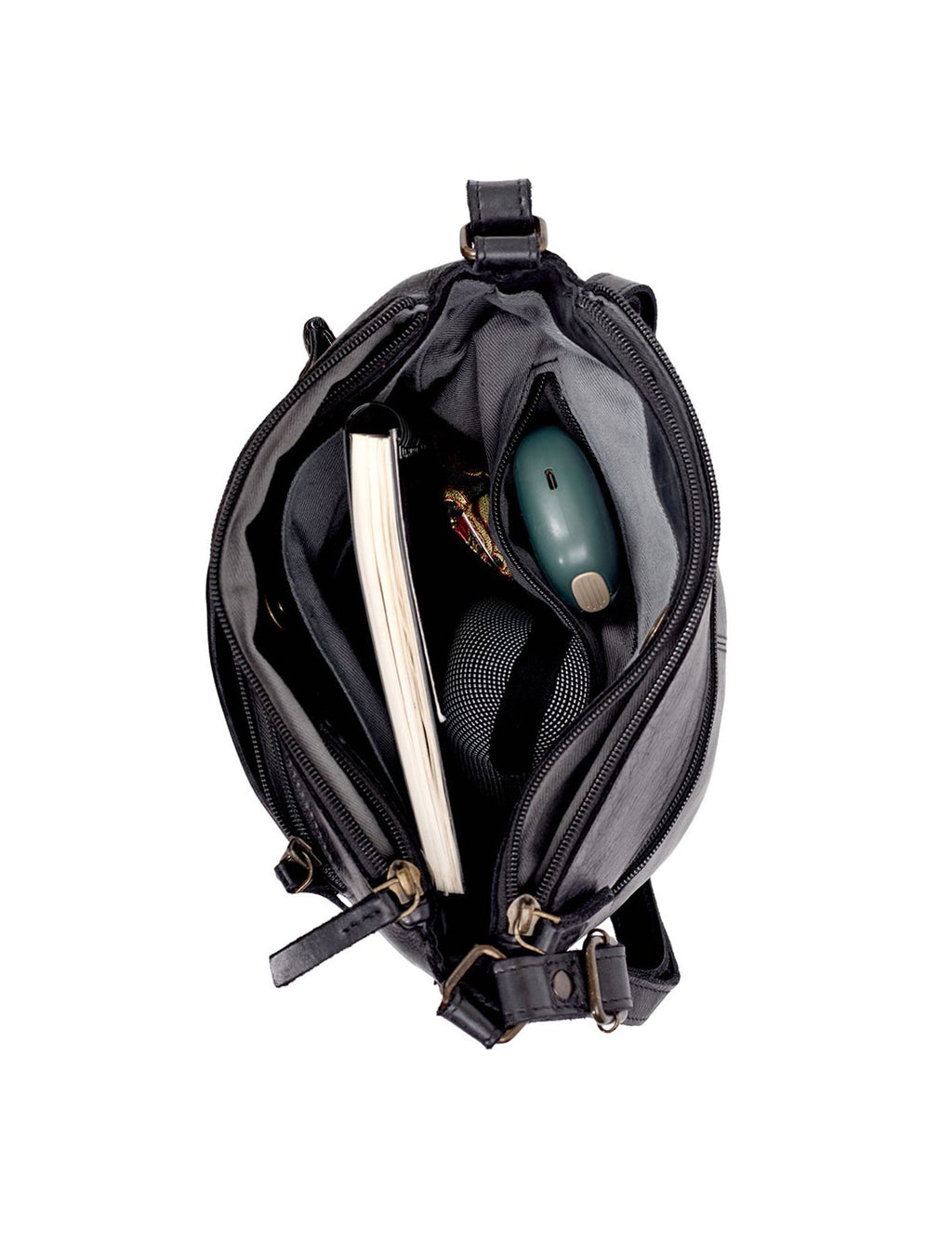 TAMBORINE MULTICOMPARTMENT LEATHER XBODY BAG- A-0020-BLK- NEW IN