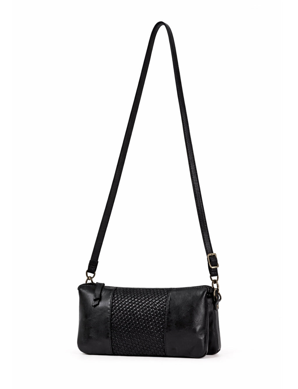 KIAMA WOVEN PANEL DETAIL LEATHER XBODY BAG- A-0022-BLK- NEW IN