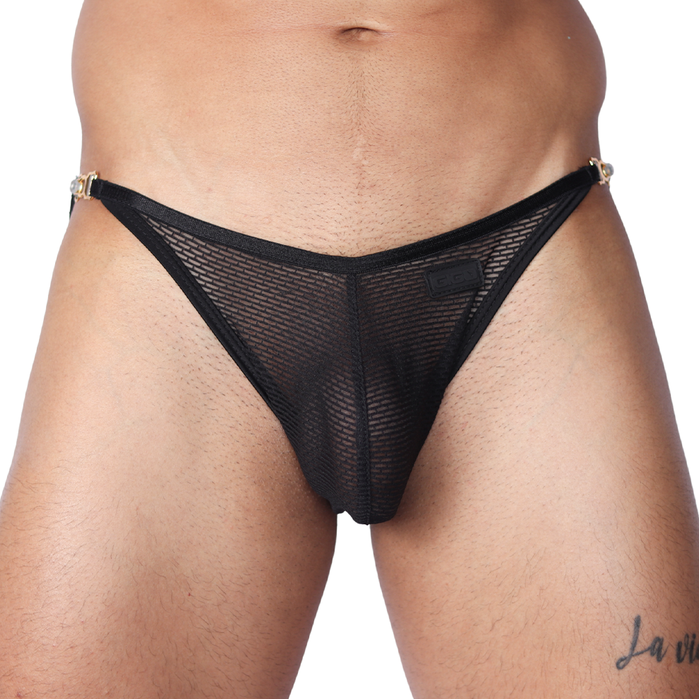 Front view of Gigo Anwar black mesh brief with side gold hardware accents and branded patch.