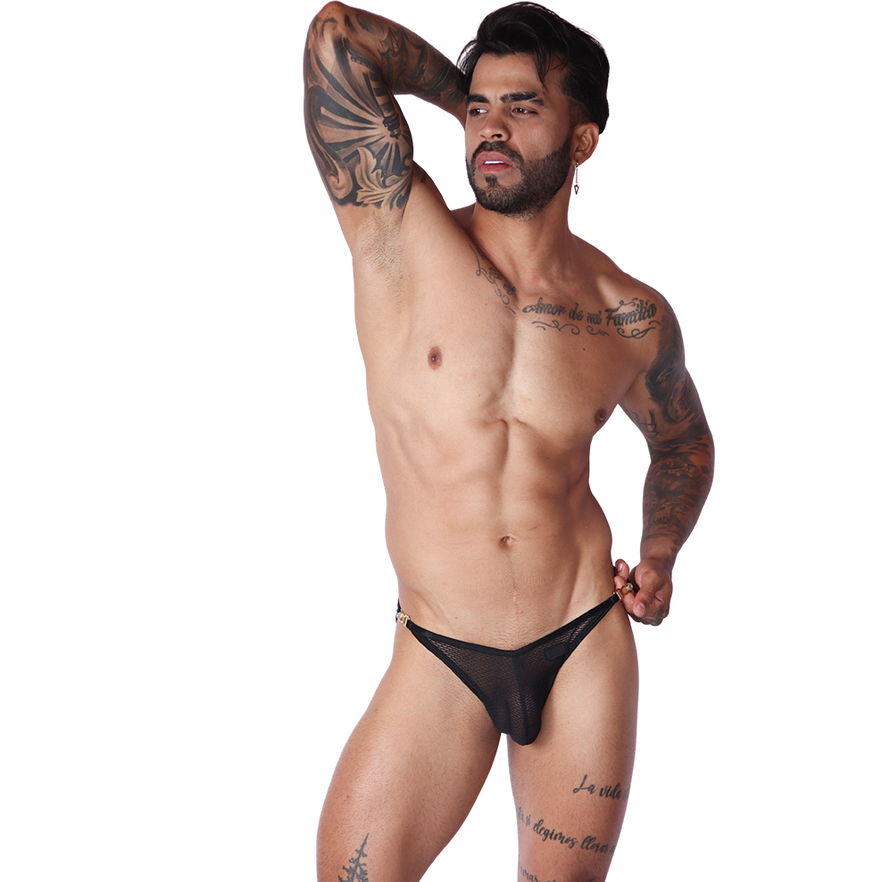 Front view of Gigo Anwar black mesh brief with side metal hardware detail on tattooed model.