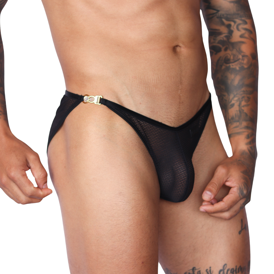 Gigo Anwar black mesh brief, front side view, featuring gold metal ring and side strap detail.