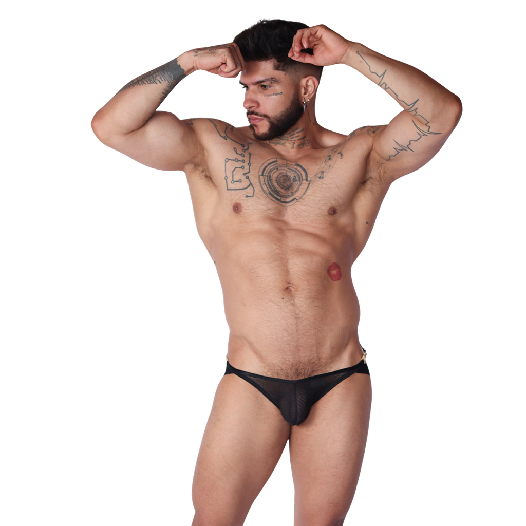Front view of Gigo Anwar black mesh jock thong with thin straps on a muscular tattooed model.