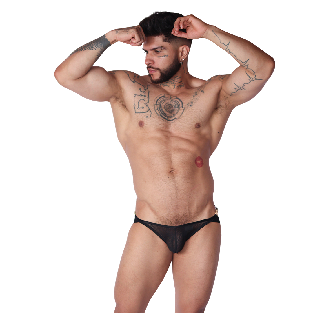 Front view of Gigo Anwar black mesh jock thong with thin straps on a muscular tattooed model.